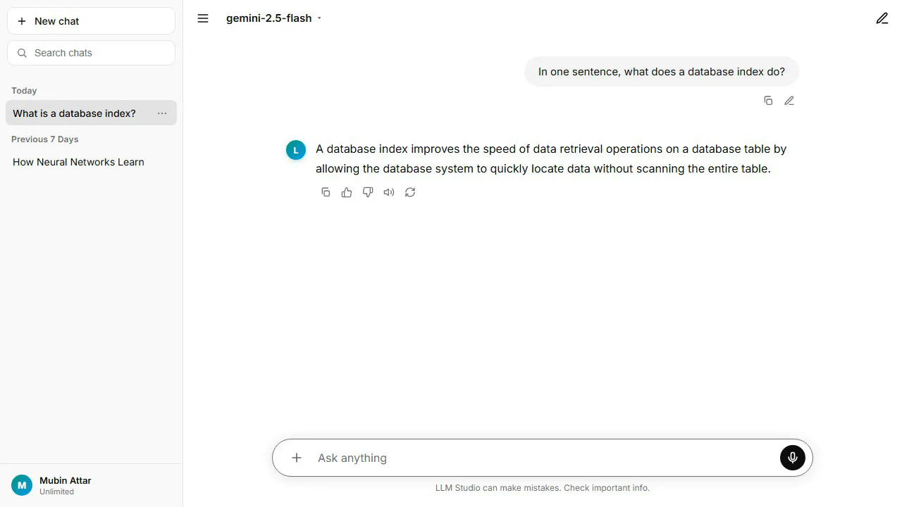 The LLM Studio chat interface with a conversation sidebar and a model selector.