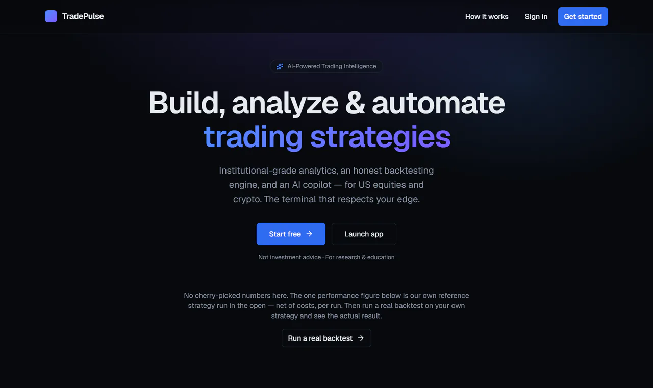 TradePulse's website introducing the backtesting engine and offering a real backtest.